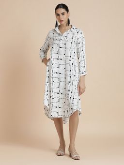 Black & Blah Blah - Floral Printed A-Line Ethnic Off White Dress