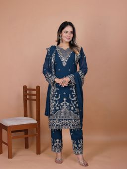 Odette - Teal Embellished And Sequined Full Sleeves Kurta With Pant And Dupatta