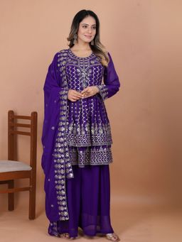 Odette - Purple Embellished And Sequined Full Sleeves Kurta With Palazzo And Dupatta
