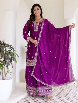 Odette - Wine Embellished And Sequined Three Fourth Sleeves Kurta With Palazzo And Dupatta