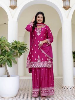 Odette - Pink Embellished And Sequined Three Fourth Sleeves Kurta With Palazzo And Dupatta