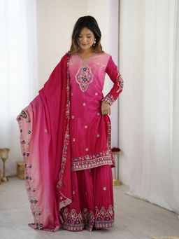 Odette - Pink Embellished And Sequined Full Sleeves Kurta With Palazzo And Dupatta