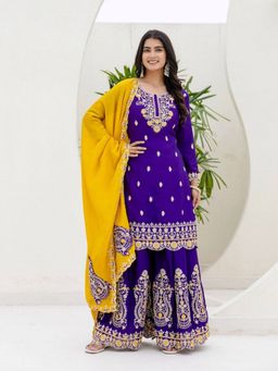 Odette - Purple Embellished And Sequined Full Sleeves Kurta With Palazzo And Dupatta