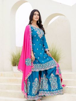 Odette - Blue Embellished And Sequined Full Sleeves Kurta With Palazzo And Dupatta