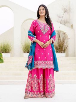 Odette - Pink Embellished And Sequined Full Sleeves Kurta With Palazzo And Dupatta