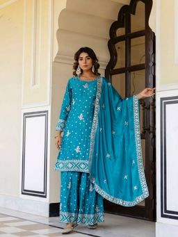 Odette - Blue Embellished And Sequined Kurta With Sharara And Dupatta