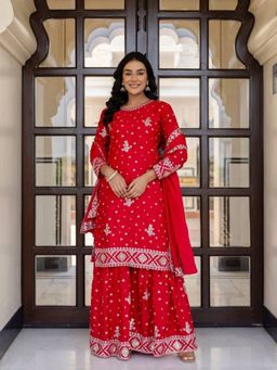 Odette - Red Embellished And Sequined Kurta With Sharara And Dupatta