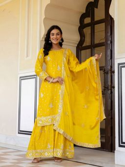 Odette - Yellow Embellished And Sequined Kurta With Sharara And Dupatta