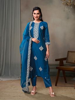 INDDUS - Women Floral Teal Kurta And Pant With Dupatta