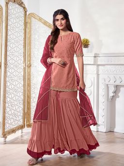 INDDUS - Women'S Ethnic Motifs Pink Kurta And Sharara With Dupatta