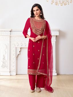INDDUS - Women Red Embroidered Kurta And Pant With Dupatta