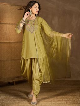 INDDUS - Women Floral Zari Green Kurta And Dhoti With Dupatta