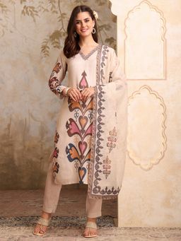 INDDUS - Women Ethnic Motifs Cream Kurta And Pant With Dupatta
