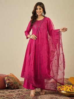 INDDUS - Women Floral Thread Magenta Anarkali Kurta And Palazzo With Dupatta