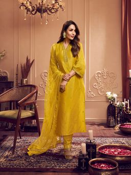INDDUS - Women Floral Mustard Kurta And Pant With Dupatta