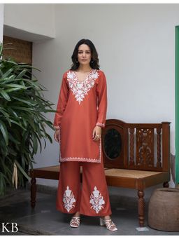 Kashmir Box - Nigeen Aari Rust Orange Kurti And Pant
