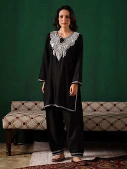 Kashmir Box - Silver Boti Tilla Embroidered Black Woollen Kurti And Pant