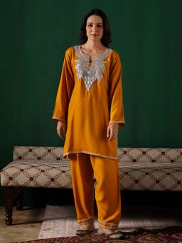 Kashmir Box - Silver Boti Tilla Embroidered Mustard Woollen Kurti And Pant