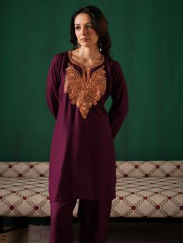 Kashmir Box - Golden Boti Tilla Embroidered Purple Woollen Kurti And Pant