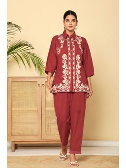 Zolo Label - Maroon Floral Thread Work Co-Ord Set