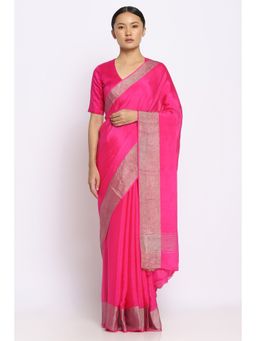 Via East - Hot Pink Crepe Saree with Crinkle Zari Border with Unstitched Blouse