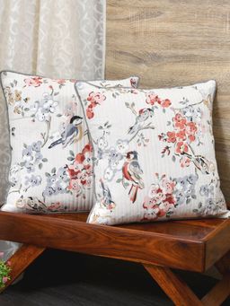 The Home Story - Cushion Covers Set of 2 - 22 x 22 Inches - Grey Flowers & Birds
