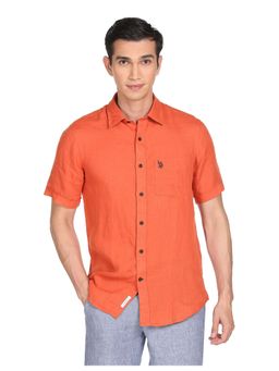 U.S. POLO ASSN. - Men Orange Linen Solid Casual Shirt