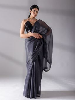 Swtantra - Dual Shade Grey Glitter Silver Chiffon Saree without Blouse