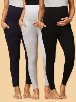The Mom Store - Black Navy and Grey Comfy Maternity Leggings (Pack of 3)