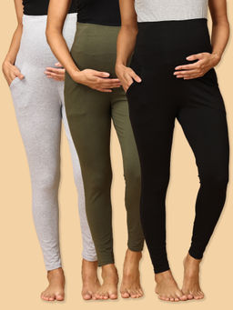 The Mom Store - Grey Olive and Black Comfy Maternity Leggings (Pack of 3)