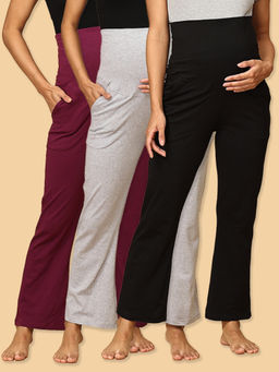 The Mom Store - Grape Grey and Black Comfy Maternity Track Pants (Pack of 3)