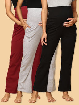 The Mom Store - Maroon Grey and Black Comfy Maternity Track Pants (Pack of 3)