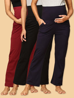 The Mom Store - Navy Maroon and Black Comfy Maternity Track Pants (Pack of 3)