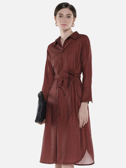RAREISM - Maroon Paari Straight Midi Dress with Belt (Set of 2)