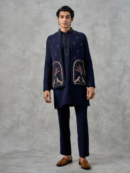 Twamev - Navy Blue Blended Viscose Kurta with Trouser and Jacket
