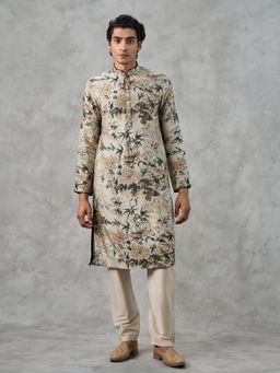 Twamev - Beige Floral Embellished Kurta with Pant