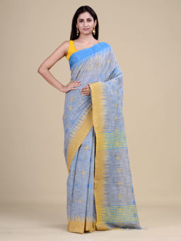 LAA CALCUTTA - Blue & Yellow Cotton Handloom Saree with Unstitched Blouse