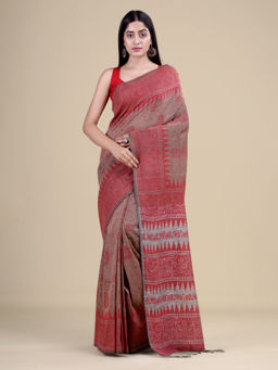LAA CALCUTTA - Red & Beige Cotton Handloom Saree with Unstitched Blouse