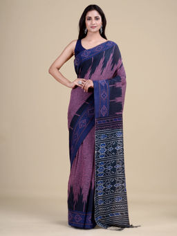 LAA CALCUTTA - Mauve & Navy Blue Cotton Handloom Saree with Unstitched Blouse