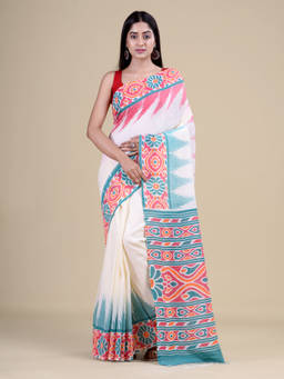 LAA CALCUTTA - White & Multi-Color Cotton Handloom Saree with Unstitched Blouse