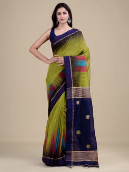 LAA CALCUTTA - Green & Navy Blue Cotton Handloom Saree with Unstitched Blouse