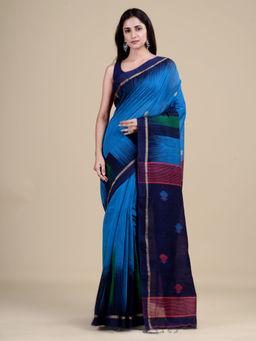 LAA CALCUTTA - Blue & Navy Blue Cotton Handloom Saree with Unstitched Blouse