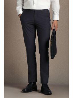 Louis Philippe - Men Navy Blue Textured Flat Front Formal Trousers