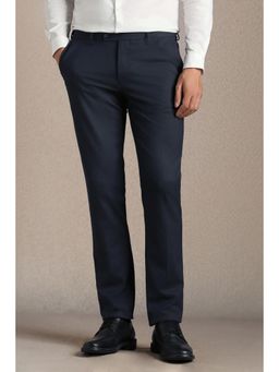 Louis Philippe - Men Navy Blue Textured Flat Front Formal Trousers