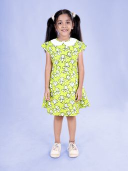 KiddoPanti - Girls Green Cotton All Over Floral Printed Back Cut Out Dress