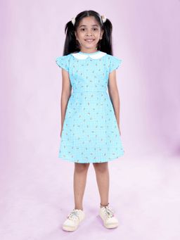 KiddoPanti - Girls Blue Cotton All Over Printed Back Cut Out Dress