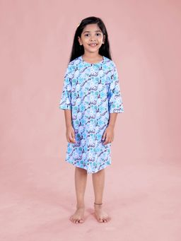 KiddoPanti - Girls Blue Cotton All Over Floral Printed Dress