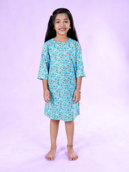 KiddoPanti - Girls Blue Cotton All Over Floral Printed Dress