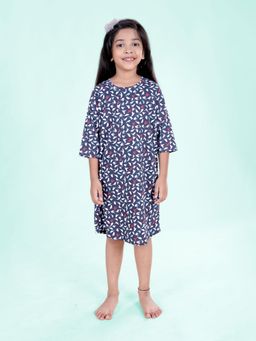 KiddoPanti - Girls Navy Blue Cotton All Over Bird Motif Printed Dress