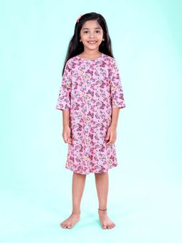 KiddoPanti - Girls Pink Cotton All Over Butterfly Printed Dress